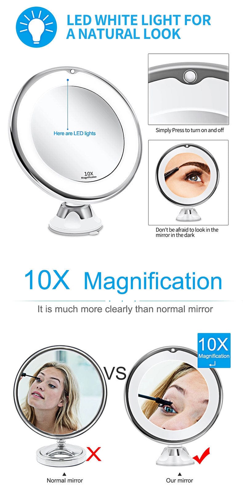 10x Magnifying Vanity Mirror with Lights Touch Screen LED Lighting