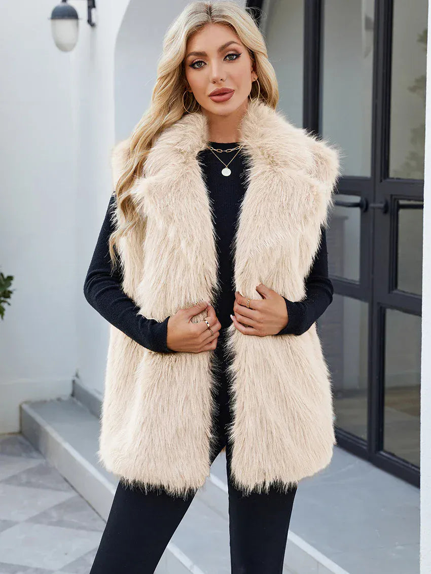 Faux Fox Fur Vest with Turn-Down Collar - Sleeveless Winter Coat