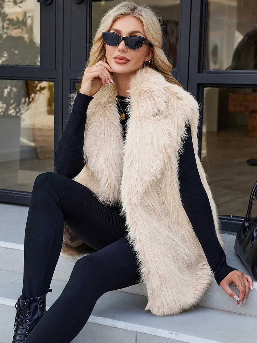 Faux Fox Fur Vest with Turn-Down Collar - Sleeveless Winter Coat