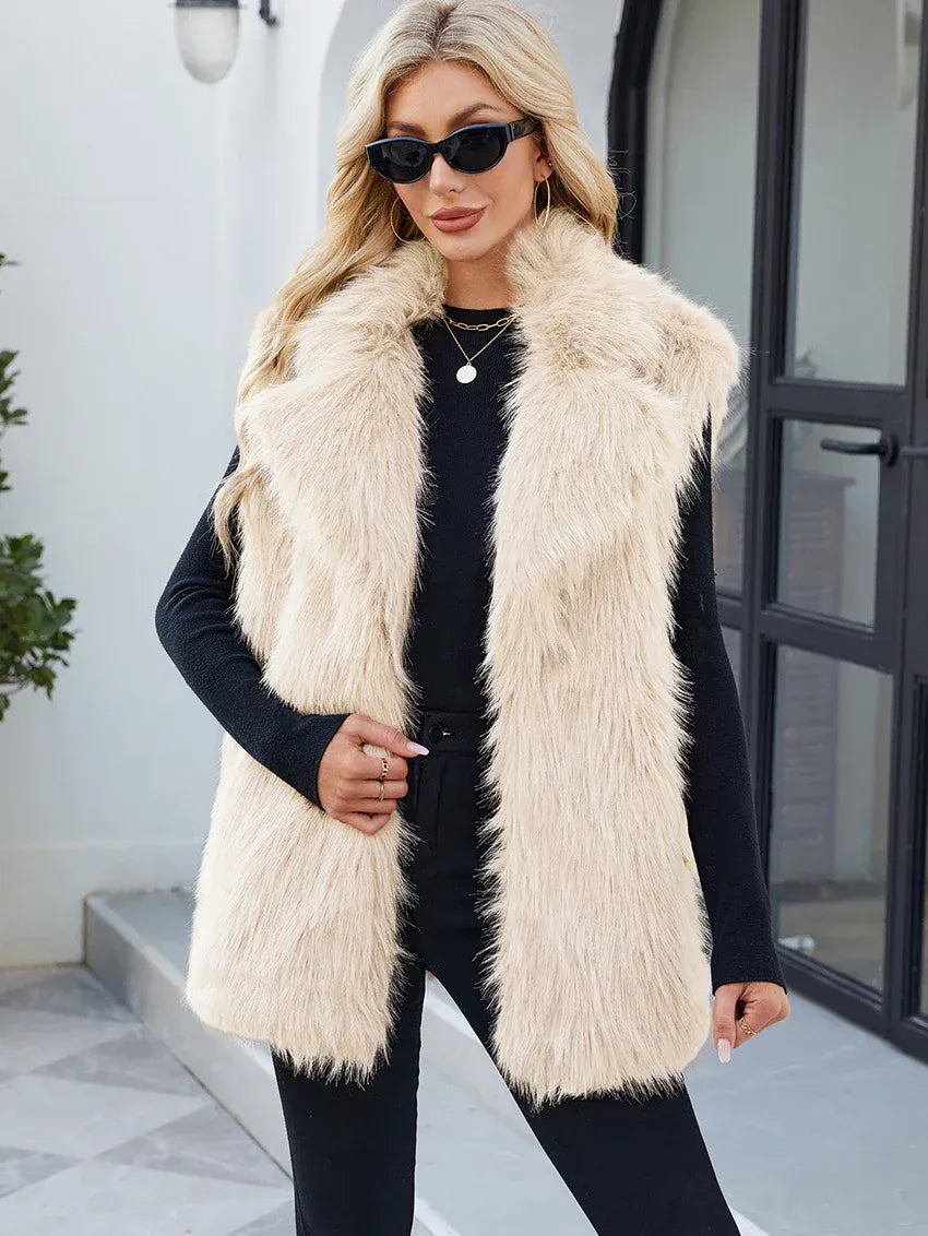 Faux Fox Fur Vest with Turn-Down Collar - Sleeveless Winter Coat
