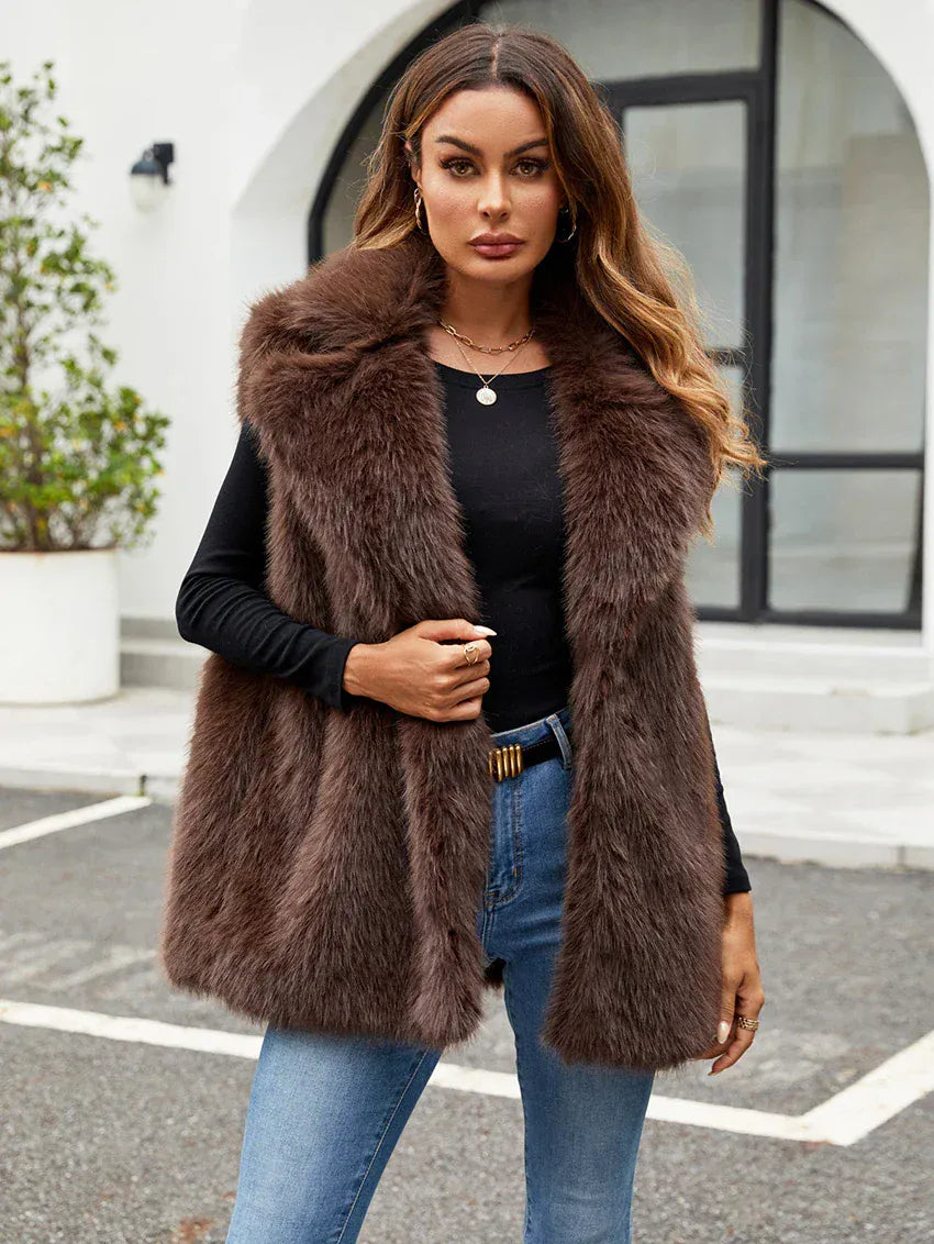 Faux Fox Fur Vest with Turn-Down Collar - Sleeveless Winter Coat