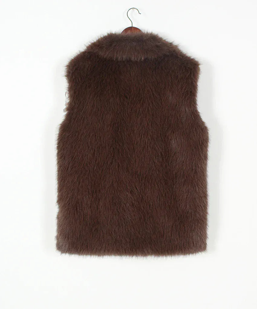 Faux Fox Fur Vest with Turn-Down Collar - Sleeveless Winter Coat