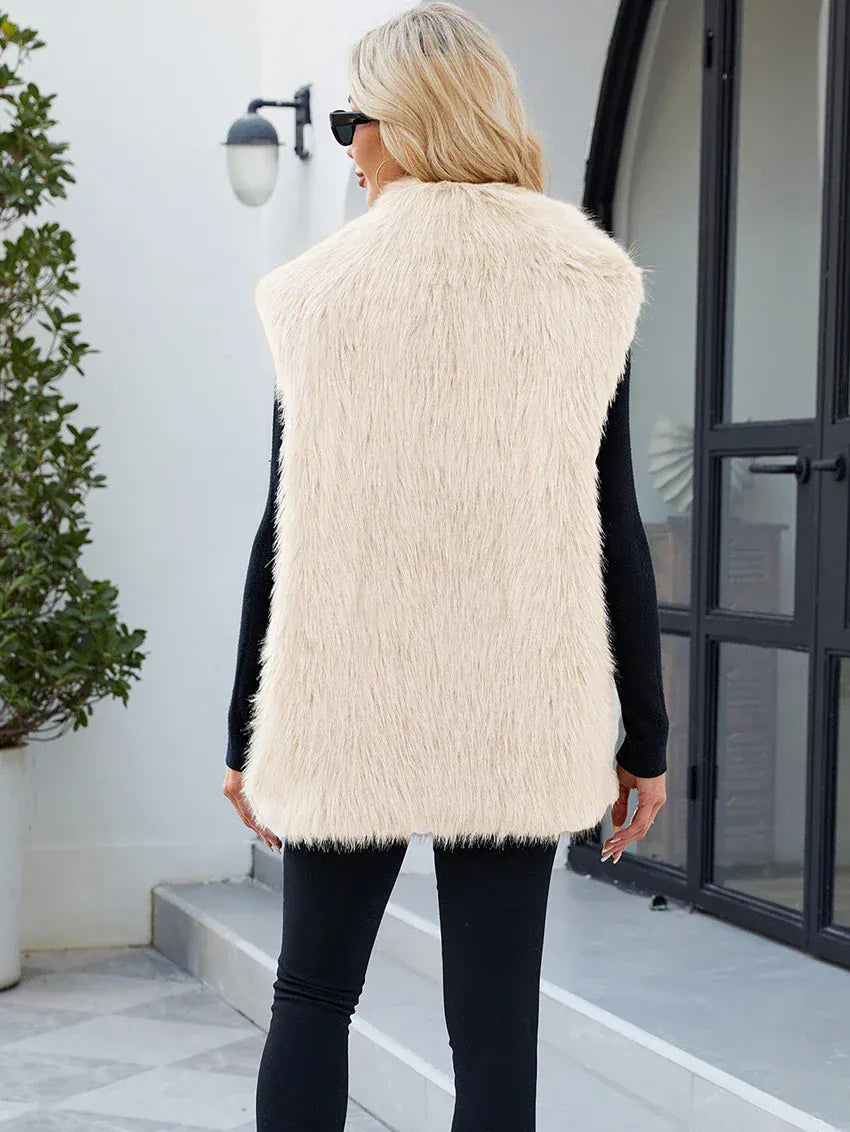 Faux Fox Fur Vest with Turn-Down Collar - Sleeveless Winter Coat