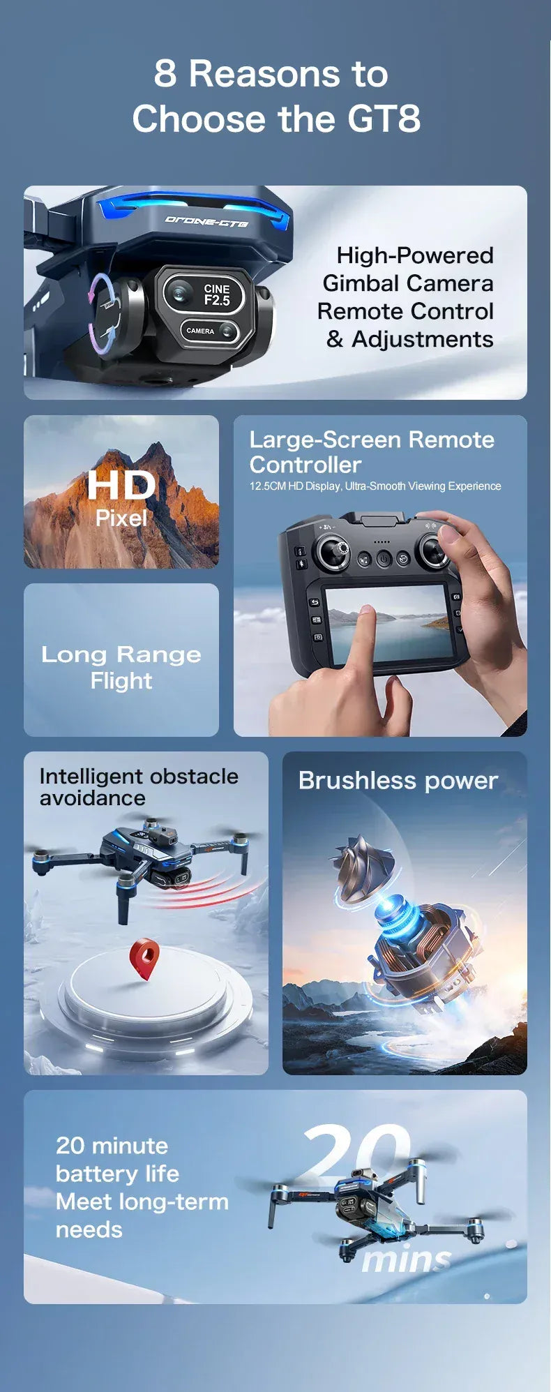 GT8 Drone 4K HD Camera Obstacle Avoidance Aerial Photography Brushless Drone with Screen Foldable RC Drone Quadcopter RTF