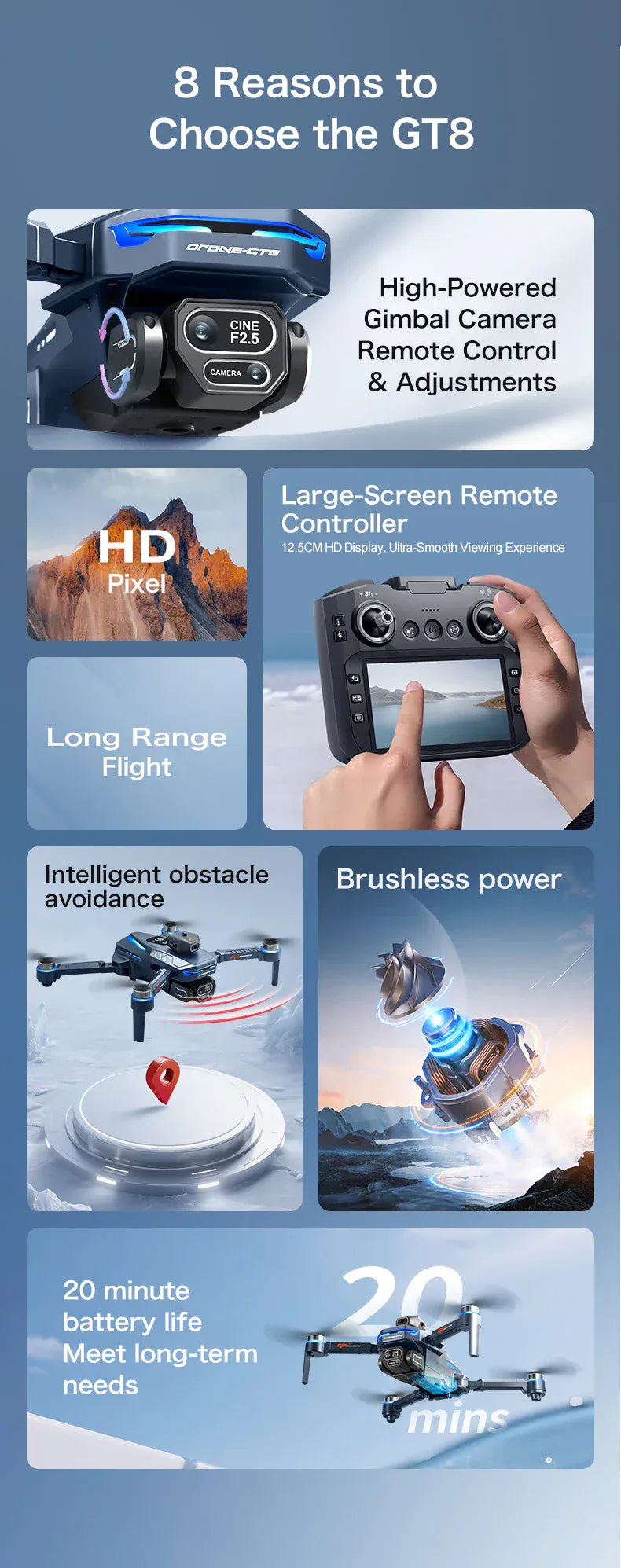 GT8 Drone with Screen 8K HD Camera WIFI Brushless Aerial photography quadcopter battery power display colourful lights RC dron